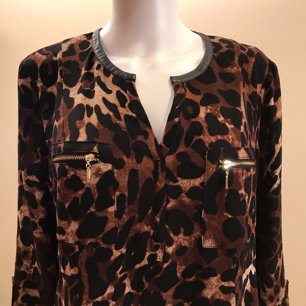 Rafaella Animal Print Tunic Top Womens Size Large Brown Black Faux Leather Trim - Picture 5 of 15